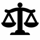 Czarny, graficzny symbol wagi sprawiedliwości na białym tle.