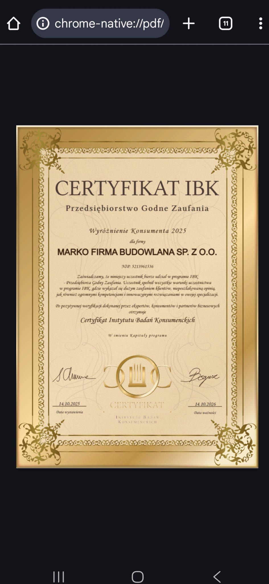 Certyfikat IBK 'Przedsiębiorstwo Godne Zaufania' dla firmy MARKO FIRMA BUDOWLANA SP. Z O.O. z datą ważności do 14.10.2026, potwierdzający kompetencje i zaufanie klientów.