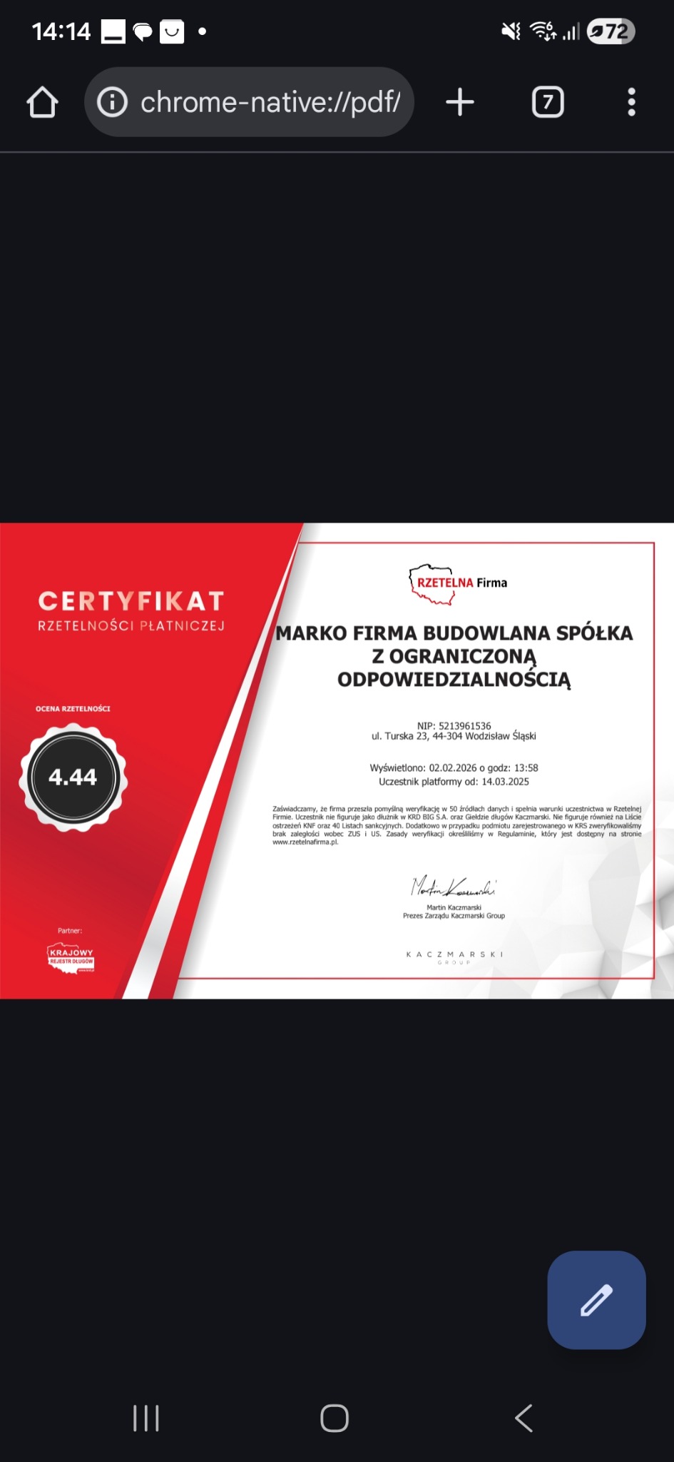 Certyfikat Rzetelności Płatniczej dla MARKO FIRMA BUDOWLANA z oceną 4.44, potwierdzający brak zaległości wobec ZUS i US. Partner: Krajowy Rejestr Długów.