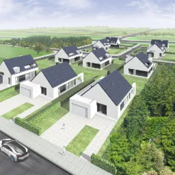 Wizualizacja osiedla domów jednorodzinnych w nowoczesnym stylu, z białymi elewacjami i grafitowymi dachami, otoczonych zielenią, z luksusowym samochodem na pierwszym planie.