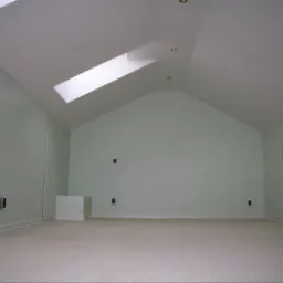Poddasze po remoncie, pomalowane na jasnozielony kolor, z oknem dachowym i jasną wykładziną, widoczne gniazdka elektryczne i listwy przypodłogowe.