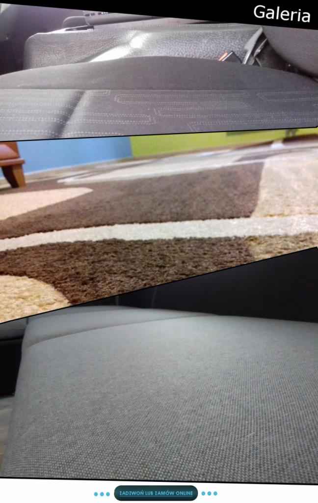 Kadr złożony z trzech ujęć: fragment czarnego fotela samochodowego z widocznymi przeszyciami, dywan w geometryczne wzory brązu i beżu na tle niebiesko-zielonej ściany oraz jasnoszara tapicerka...