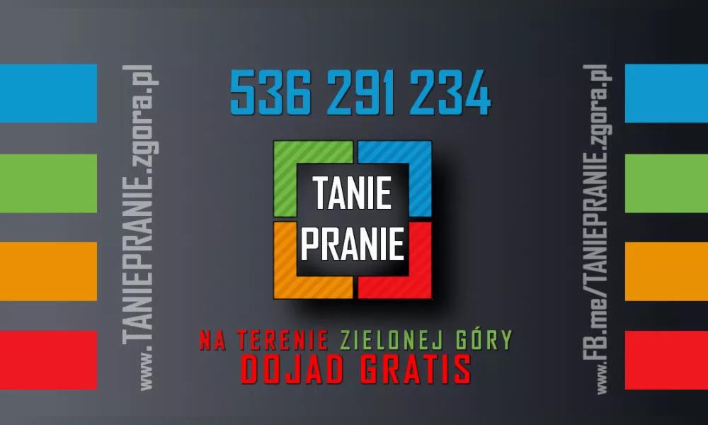 Grafika reklamowa z numerem telefonu 536 291 234, napisem 'TANIE PRANIE' w kwadracie z kolorowymi bokami (zielony, niebieski, pomarańczowy, czerwony) oraz tekstem 'NA TERENIE ZIELONEJ GÓRY DOJAZD...