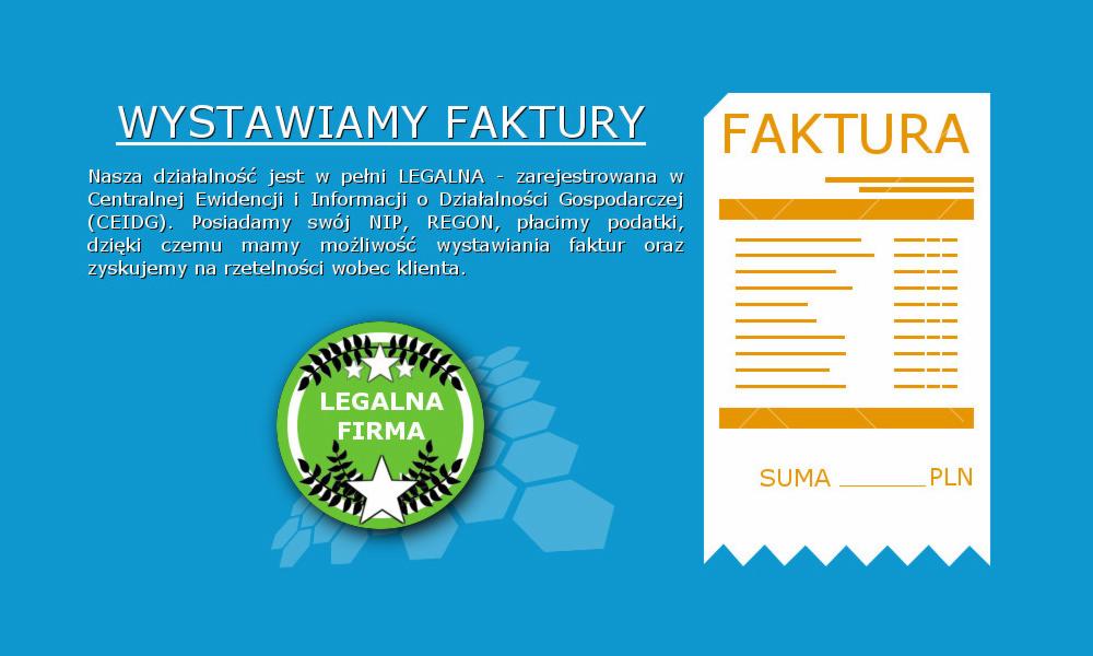 Grafika informująca o wystawianiu faktur, z tekstem o legalnej działalności firmy i logo 'Legalna Firma' na niebieskim tle.