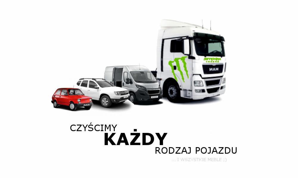 Grafika przedstawiająca różnorodne pojazdy - od małego czerwonego Fiata 126p, przez SUVa, furgonetkę, aż po dużą ciężarówkę MAN - z napisem 'Czyścimy każdy rodzaj pojazdu ... i wszystkie meble :)'.