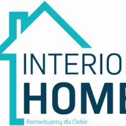 Logo firmy Interior Home: Stylizowany turkusowy dom z napisem 'INTERIOR HOME' w kolorze granatowym i hasłem 'Remontujemy dla Ciebie' w kolorze turkusowym.