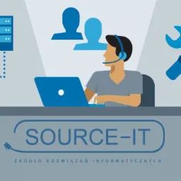 Ilustracja przedstawiająca konsultanta IT z zestawem słuchawkowym pracującego na laptopie, z ikonami serwerów i bazy danych w tle oraz skrzyżowanymi kluczami i śrubokrętem, całość w stonowanej...