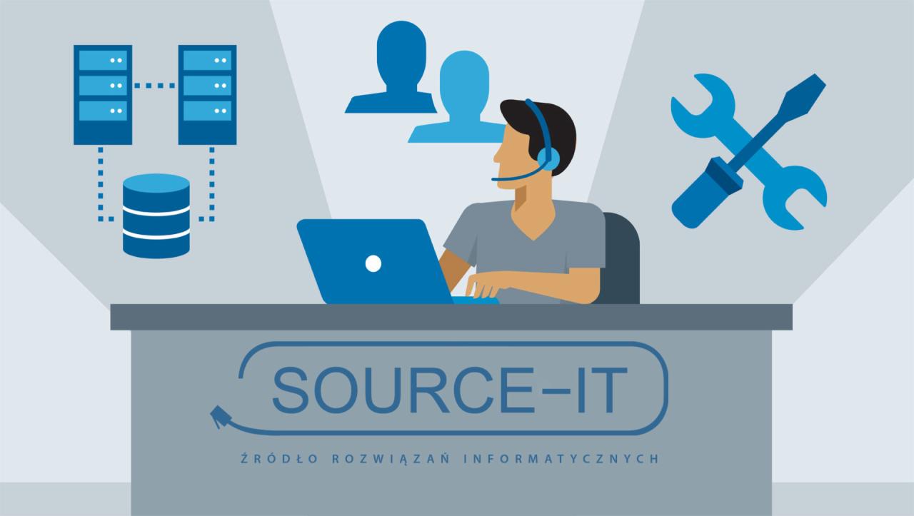 Ilustracja przedstawiająca konsultanta IT z zestawem słuchawkowym pracującego na laptopie, z ikonami serwerów i bazy danych w tle oraz skrzyżowanymi kluczami i śrubokrętem, całość w stonowanej...