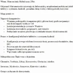 Skan dokumentu z ofertą usług informatycznych, w tym naprawy komputerów, konfiguracji telefonów i tabletów z systemem Android, z podanym zakresem terytorialnym: Małopolska i Śląsk.
