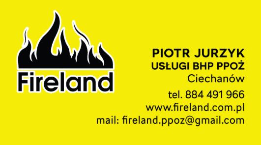 Wizytówka firmy Fireland oferującej usługi BHP i PPOŻ w Ciechanowie, z logo przedstawiającym stylizowane płomienie.