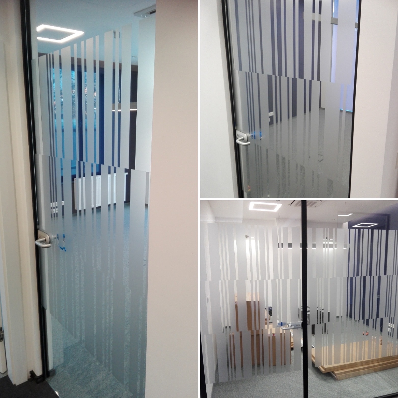 Szklane drzwi biurowe z naklejonymi, matowymi paskami w dwóch poziomach, tworzącymi nowoczesny wzór. Widoczne wnętrze biura z oświetleniem LED i meblami.