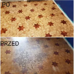 Parkiet w gwiazdy: porównanie stanu przed i po renowacji, widoczne różnice w połysku i czystości drewna, ujęcie z góry.
