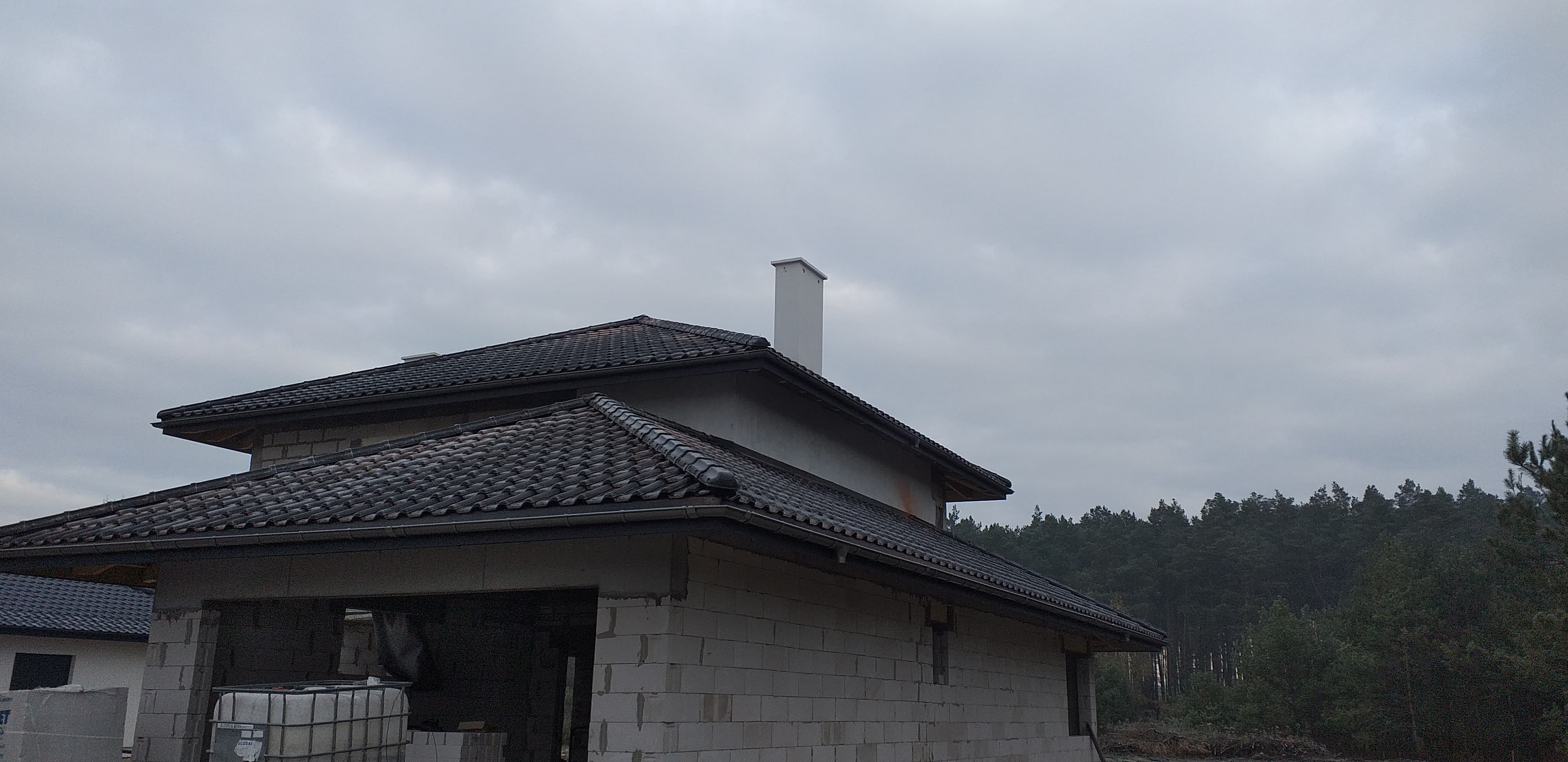 Dom w trakcie budowy z czarną dachówką i białym kominem na tle pochmurnego nieba i lasu.