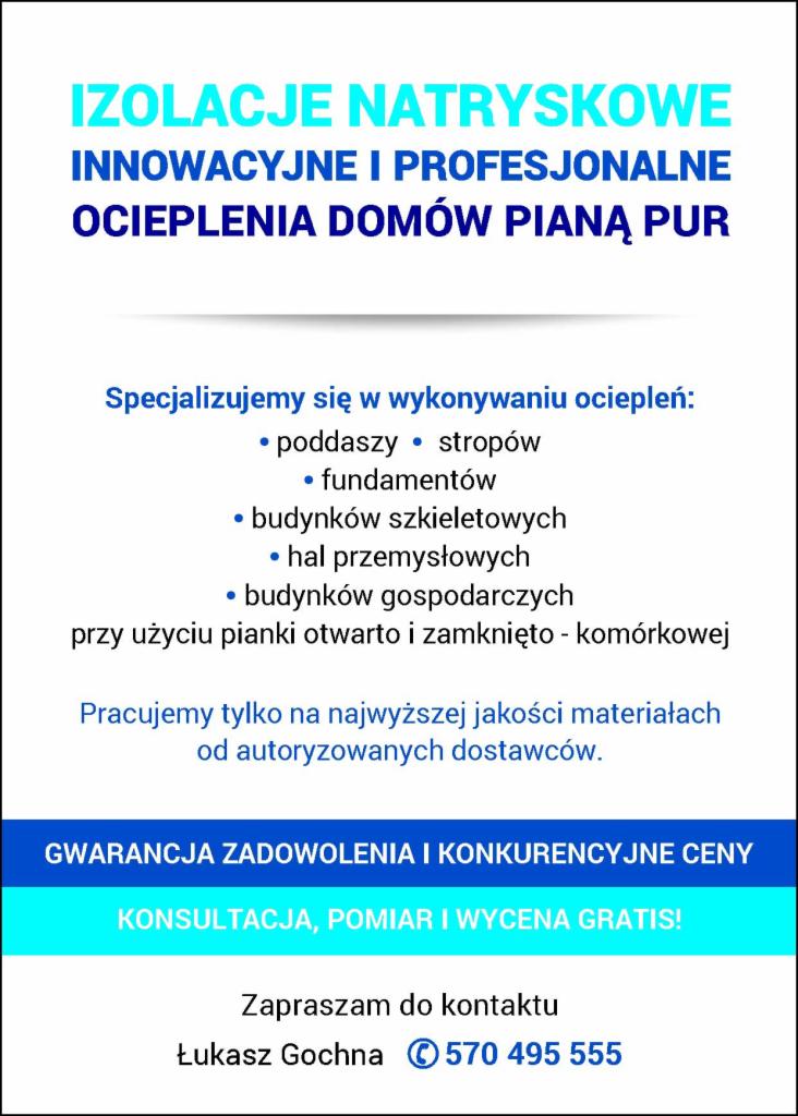 Grafika reklamowa firmy specjalizującej się w natryskowych izolacjach, oferującej ocieplenia domów pianą PUR oraz izolacje fundamentów, poddaszy, stropów, budynków szkieletowych i hal przemysłowych...