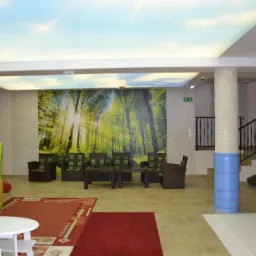 Wnętrze sali zabaw z podświetlanym sufitem imitującym niebo i ścianą z fototapetą leśną, brązowe meble wypoczynkowe, kolorowy plac zabaw, czerwony dywan i schody z czarną balustradą.