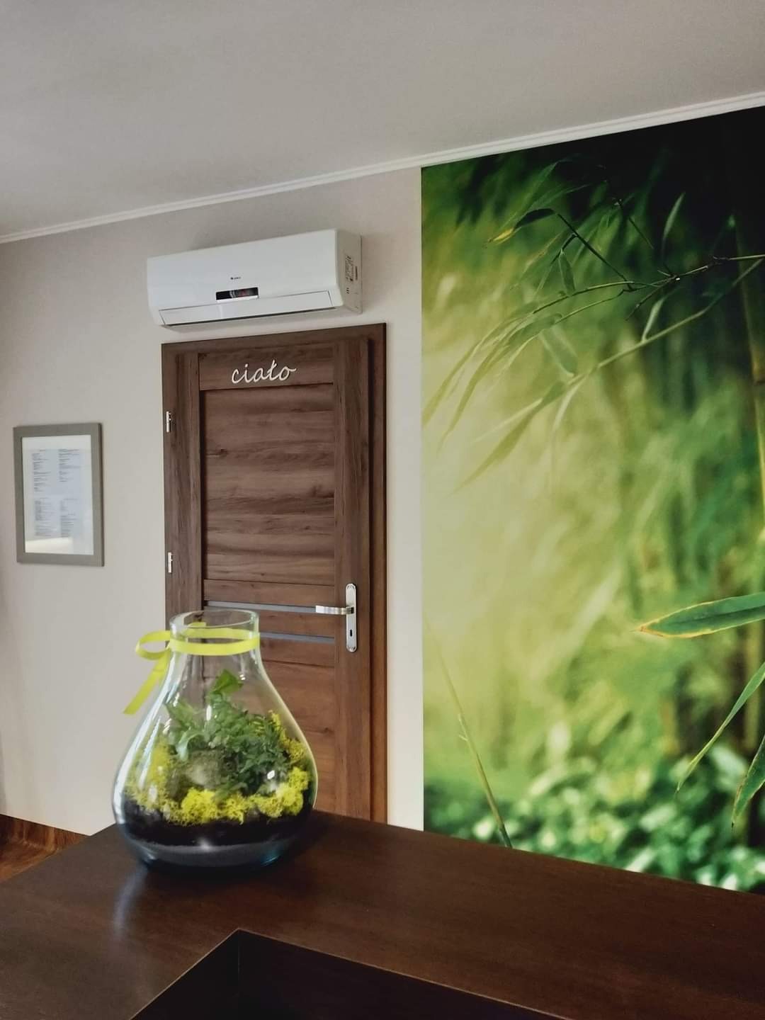 Wnętrze z klimatyzatorem ściennym, terrarium w szklanym naczyniu z żółtą wstążką i fototapetą z motywem bambusa.