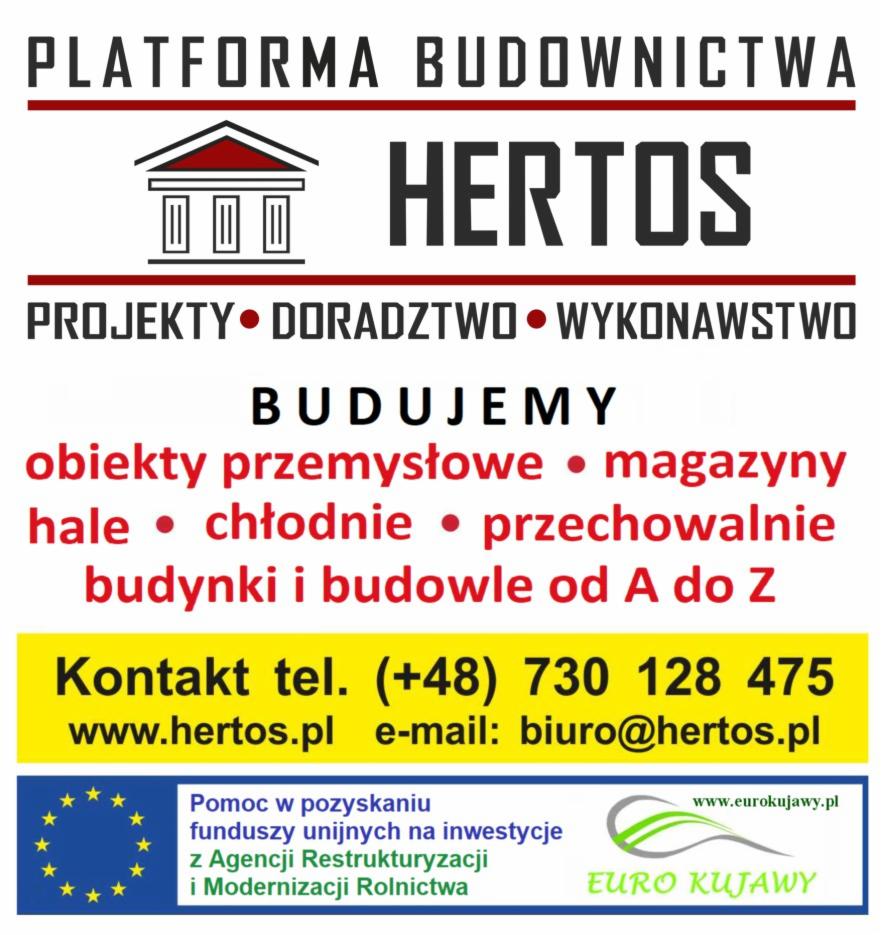 Reklama firmy budowlanej HERTOS oferującej projekty, doradztwo i wykonawstwo obiektów przemysłowych, magazynów, hal, chłodni i budynków, z podanym numerem telefonu, adresem strony internetowej...