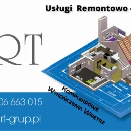 Schemat architektoniczny domu z wizualizacją wnętrz, logo firmy EART, numer telefonu i adres strony internetowej, całość na niebieskim tle imitującym plan architektoniczny.