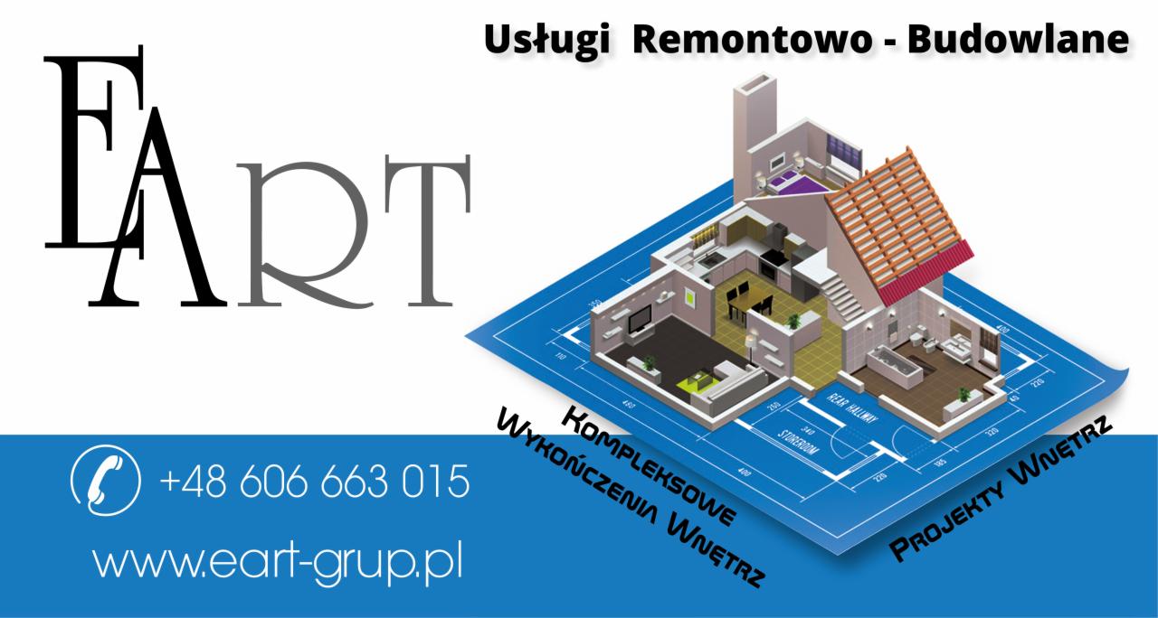 Schemat architektoniczny domu z wizualizacją wnętrz, logo firmy EART, numer telefonu i adres strony internetowej, całość na niebieskim tle imitującym plan architektoniczny.