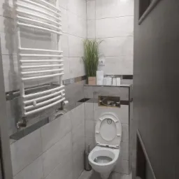 Jasna łazienka z toaletą, grzejnikiem drabinkowym, rośliną w doniczce i szarą glazurą imitującą drewno na podłodze.