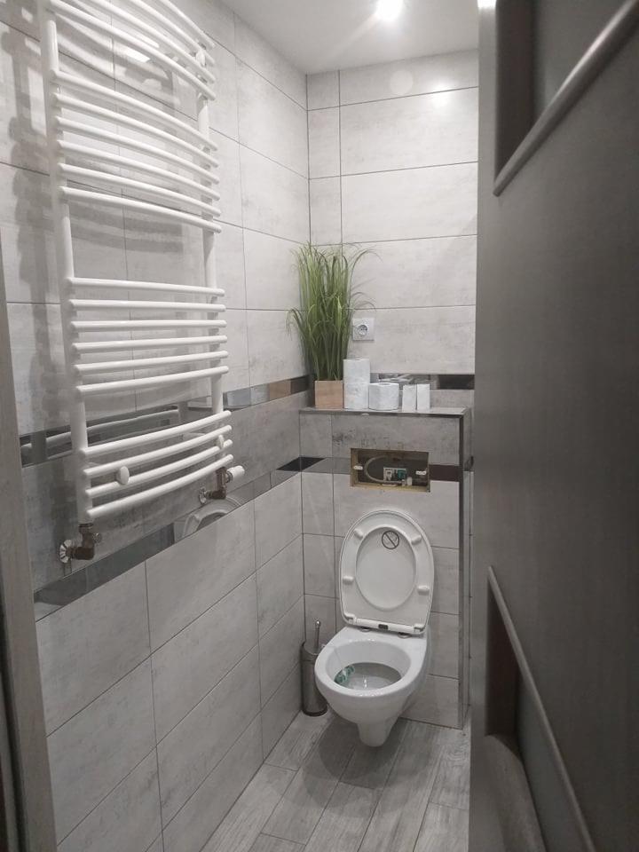 Jasna łazienka z toaletą, grzejnikiem drabinkowym, rośliną w doniczce i szarą glazurą imitującą drewno na podłodze.