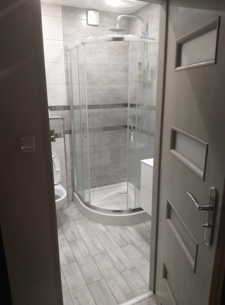 Nowoczesna łazienka z przeszkloną kabiną prysznicową z deszczownicą, jasnoszare płytki na ścianach i podłodze imitujące drewno, toaleta w tle, widok przez uchylone drzwi.