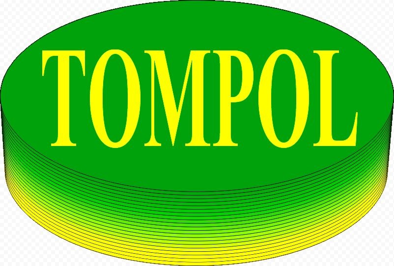 Logo firmy TOMPOL na zielonym owalu z żółtymi napisami i cieniami.