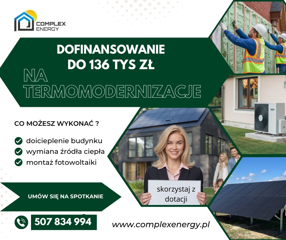 Grafika reklamowa firmy Complex Energy oferująca dofinansowanie do 136 tys. zł na termomodernizację, z wizualizacjami ocieplenia budynku, pompy ciepła, instalacji fotowoltaicznej oraz uśmiechniętej...