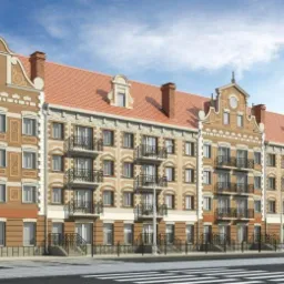 Wizualizacja budynku wielorodzinnego w stylu kamienicy holenderskiej z czerwonym dachem, balkonami z czarną balustradą i dekoracyjną elewacją w odcieniach beżu i brązu, widzianego z poziomu ulicy...