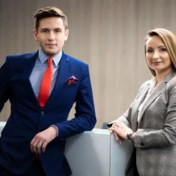 Portret dwojga profesjonalistów: mężczyzna w granatowym garniturze z czerwoną krawędzią i poszetką, kobieta w szarej marynarce w kratę, oboje opierają się o białą ladę.