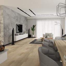 Blanka Mróz - Wizualizacja przestronnego salonu z kominkiem, szarą ścianą akcentującą, białymi meblami, drewnianą podłogą i stołem jadalnym z szarymi krzesłami, oświetlonego nowoczesną lampą sufitową.
