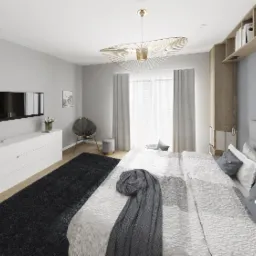 Nowoczesna sypialnia w odcieniach szarości z łóżkiem z pikowanym zagłówkiem, designerską lampą sufitową i czarnym dywanem.