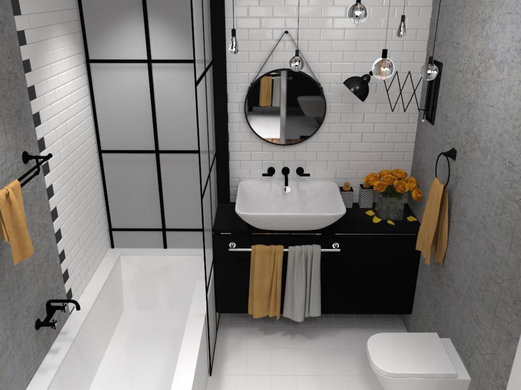 Nowoczesna łazienka z białą umywalką nablatową, czarną szafką, okrągłym lustrem i dekoracyjnym oświetleniem, akcentowana żółtymi ręcznikami i kwiatami.