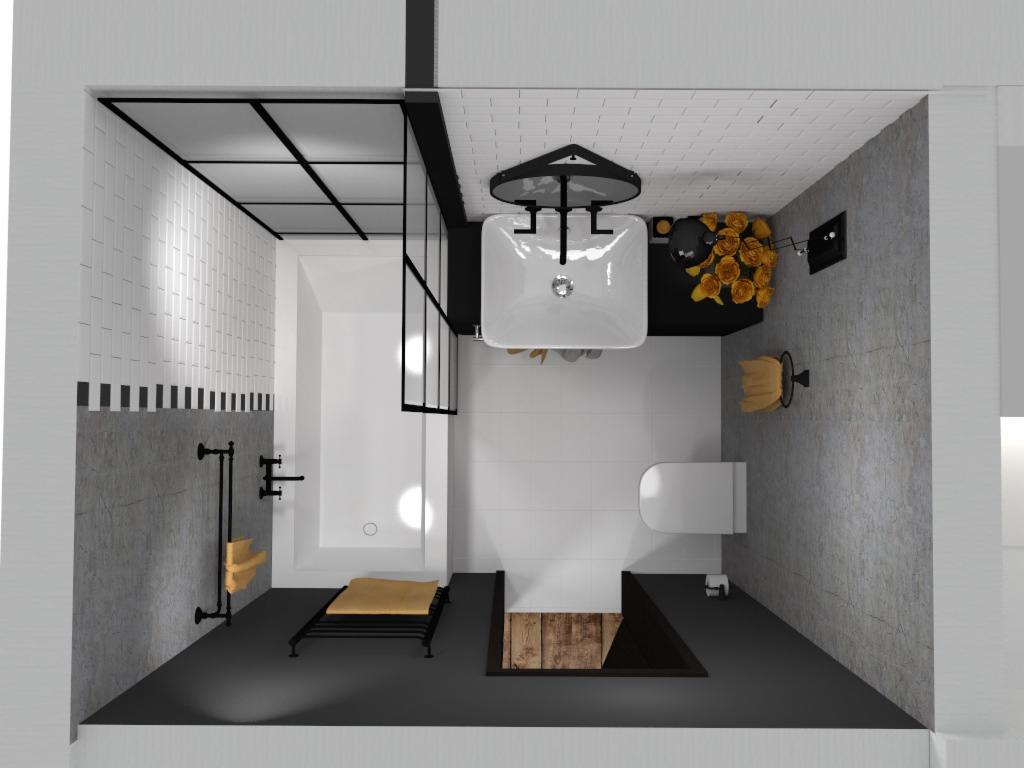 Plan łazienki z kabiną prysznicową typu walk-in, umywalką narożną, toaletą i grzejnikiem drabinkowym w Kielcach, widok z góry.