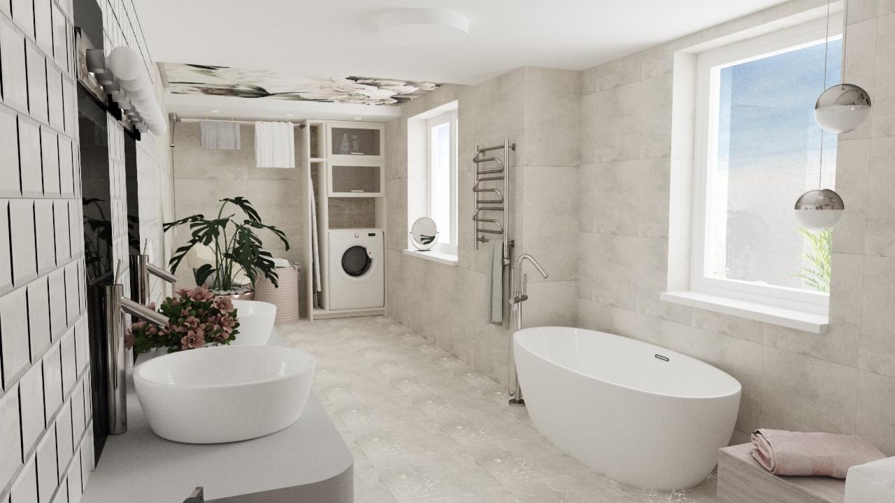 Jasna łazienka z wolnostojącą wanną, umywalkami nablatowymi, pralką w zabudowie i kwiatowym motywem na suficie.