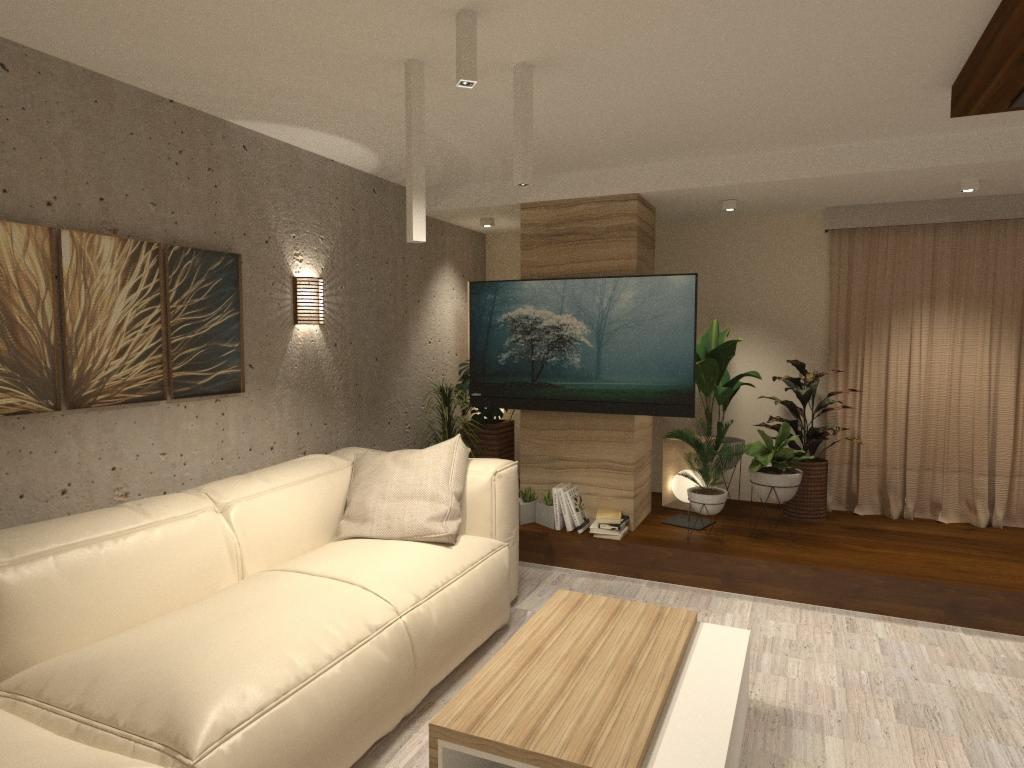 Jasny salon z kremową skórzaną sofą, drewnianym stolikiem kawowym, telewizorem na tle drewnianej ściany, roślinami doniczkowymi i abstrakcyjnymi obrazami na ścianie z fakturą betonu.