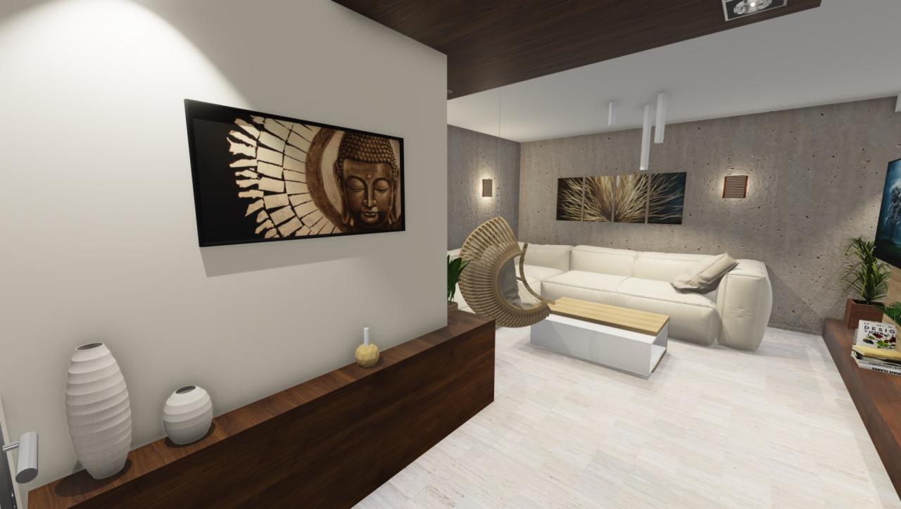 Nowoczesny salon z drewnianą komodą, na której stoją białe wazony, oraz obrazem Buddy na ścianie, z widocznym białym narożnikiem i wiszącym fotelem w tle.