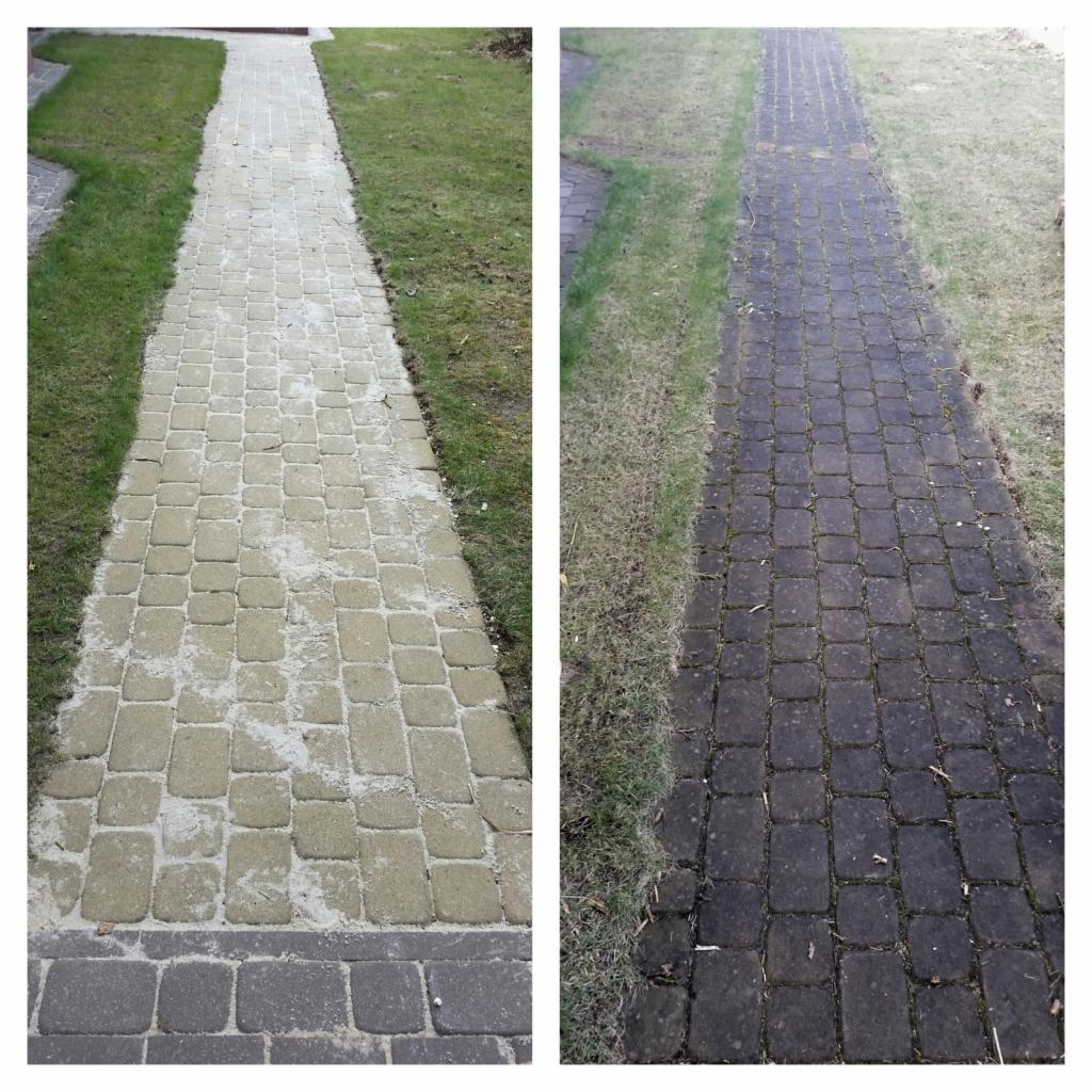 Porównanie kostki brukowej przed i po: po lewej stronie wyczyszczona, jasna kostka, po prawej brudna, ciemna kostka pokryta mchem, widoczne różnice w kolorze i czystości.