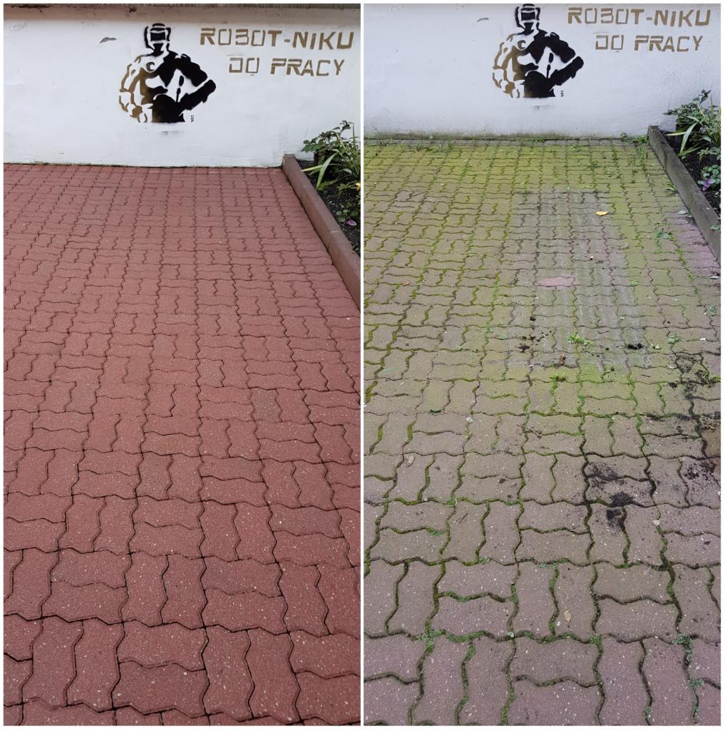 Porównanie stanu kostki brukowej przed i po czyszczeniu, z widocznym efektem usunięcia mchu i zabrudzeń, oraz logotypem firmy 'Robot-Niku do pracy' na ścianie w tle.