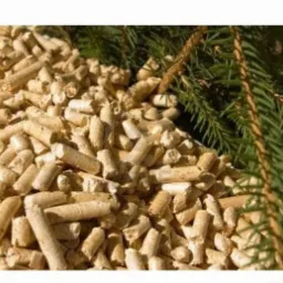 Jasne, cylindryczne bryłki opału z drewna ułożone w stos, z gałązką świerkową w tle.