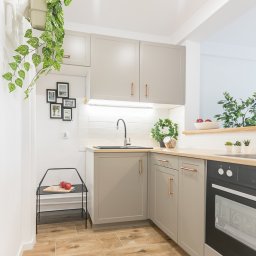 Vip Building - Jasna kuchnia w odcieniach szarości z drewnianymi akcentami: szafki z miedzianymi uchwytami, drewniany blat, płytki podłogowe imitujące drewno, czarny zlew i piekarnik, dekoracje roślinne i ramki...