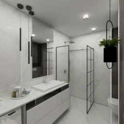 Nowoczesna łazienka z marmurowymi ścianami, kabiną prysznicową typu walk-in z czarnymi ramami, białymi meblami łazienkowymi z umywalką nablatową, wiszącą rośliną w czarnej doniczce i pralką...