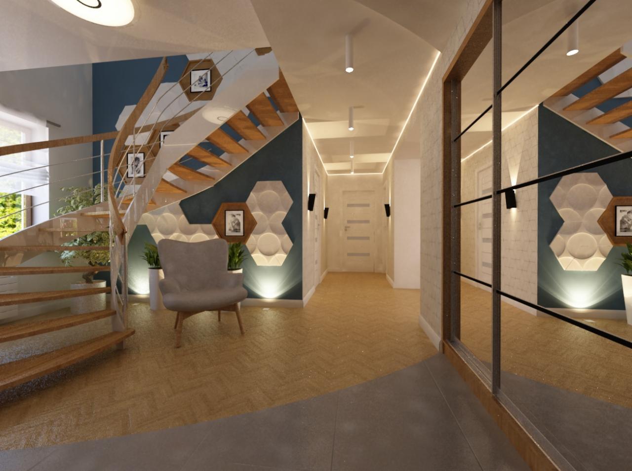 Nowoczesny przedpokój z krętymi schodami, szarą tapetą, panelami 3D na ścianie i dużym lustrem w zabudowie.