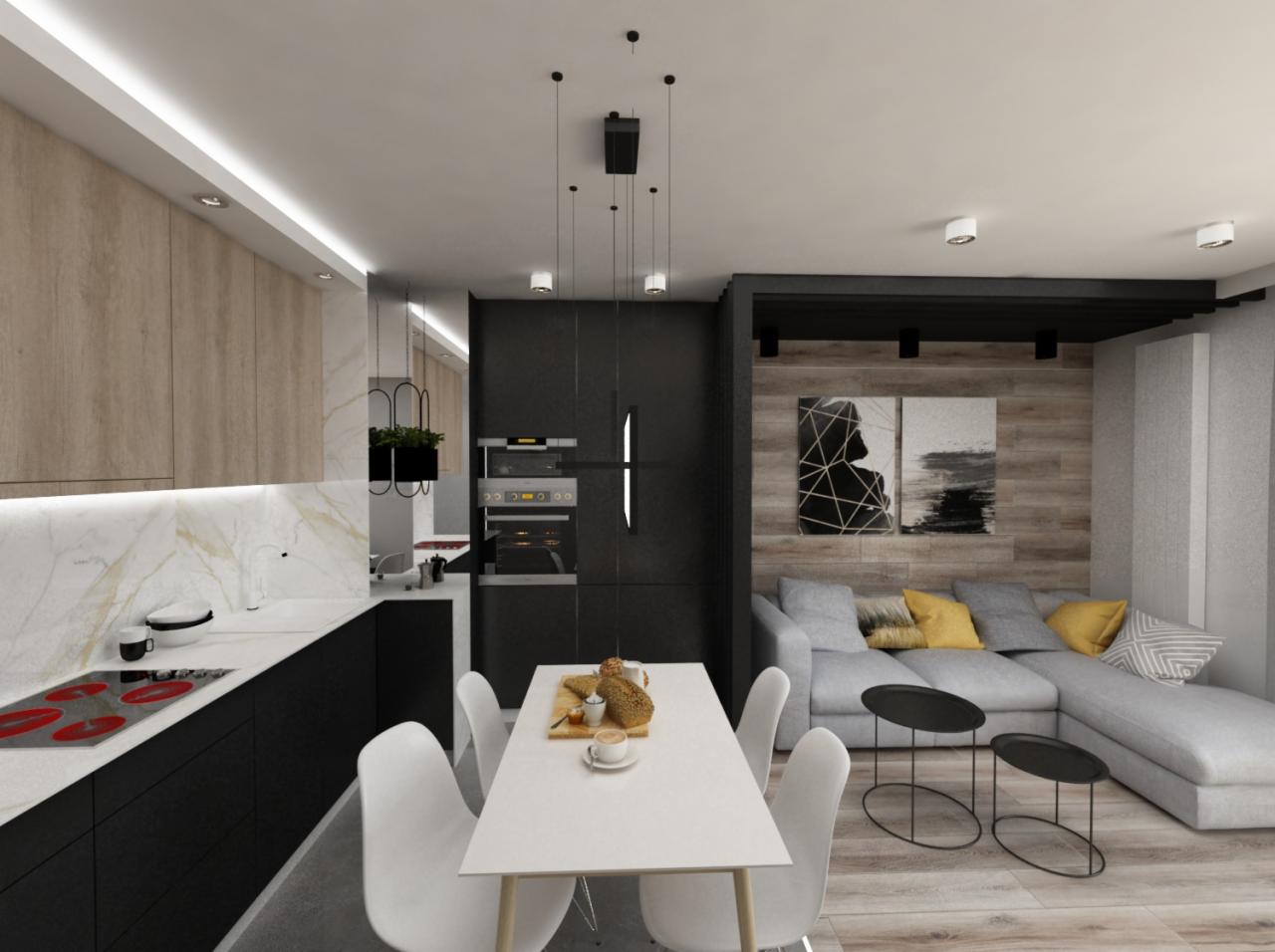 Wnętrze mieszkania: kuchnia z białym blatem i czarnymi szafkami, stół z czterema białymi krzesłami, szara sofa z żółtymi poduszkami, czarne stoliki kawowe, drewnopodobna ściana z obrazami.