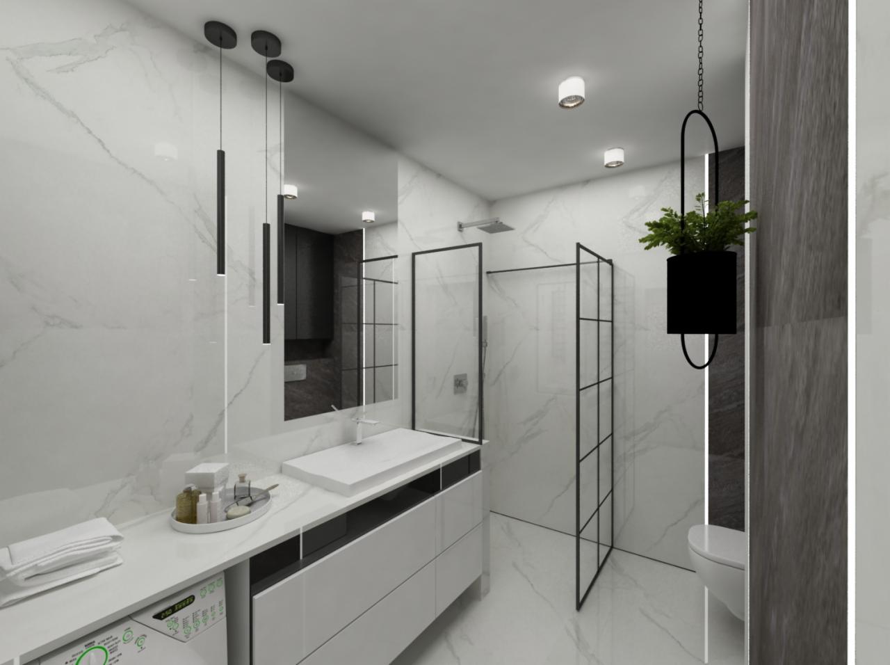 Nowoczesna łazienka z marmurowymi ścianami, kabiną prysznicową typu walk-in z czarnymi ramami, białymi meblami łazienkowymi z umywalką nablatową, wiszącą rośliną w czarnej doniczce i pralką...