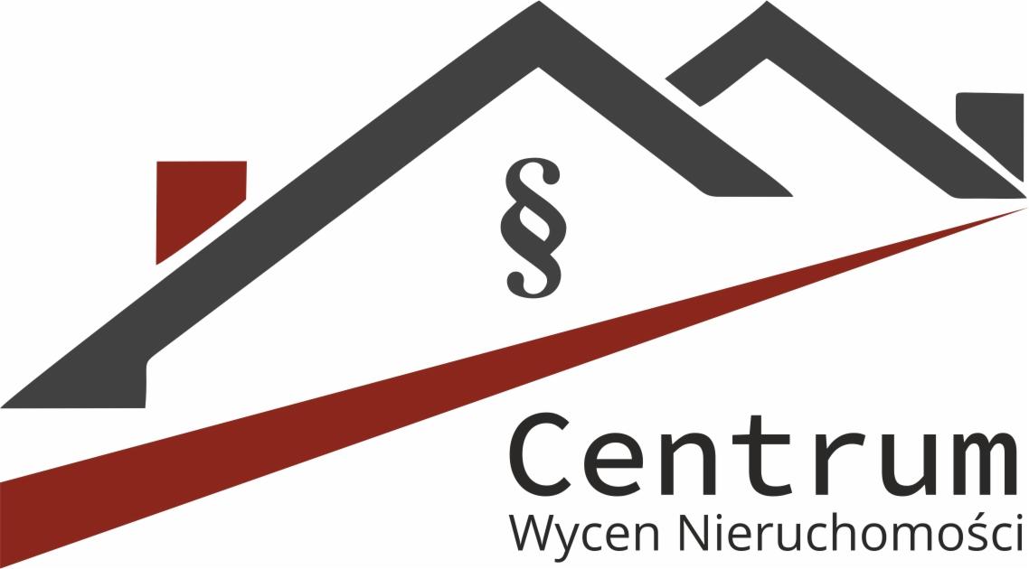 Logo firmy zajmującej się wyceną nieruchomości, przedstawiające stylizowany zarys dachu z kominem, paragraf i napis 'Centrum Wycen Nieruchomości'.