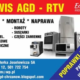 Reklama firmy Eco-Norm z Chrzanowa oferującej sprzedaż, montaż i naprawę AGD i RTV, w tle pralka, lodówka, kuchenka, mikrofalówka i ekspres do kawy.