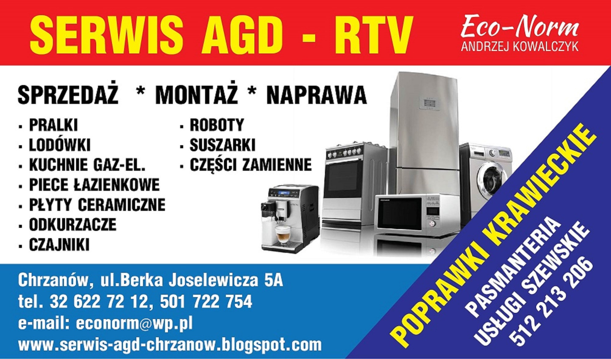 Reklama firmy Eco-Norm z Chrzanowa oferującej sprzedaż, montaż i naprawę AGD i RTV, w tle pralka, lodówka, kuchenka, mikrofalówka i ekspres do kawy.