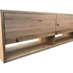 Wisząca szafka RTV z dwiema szufladami i otwartą półką, wykonana z jasnego drewna z widocznymi słojami i sękami.