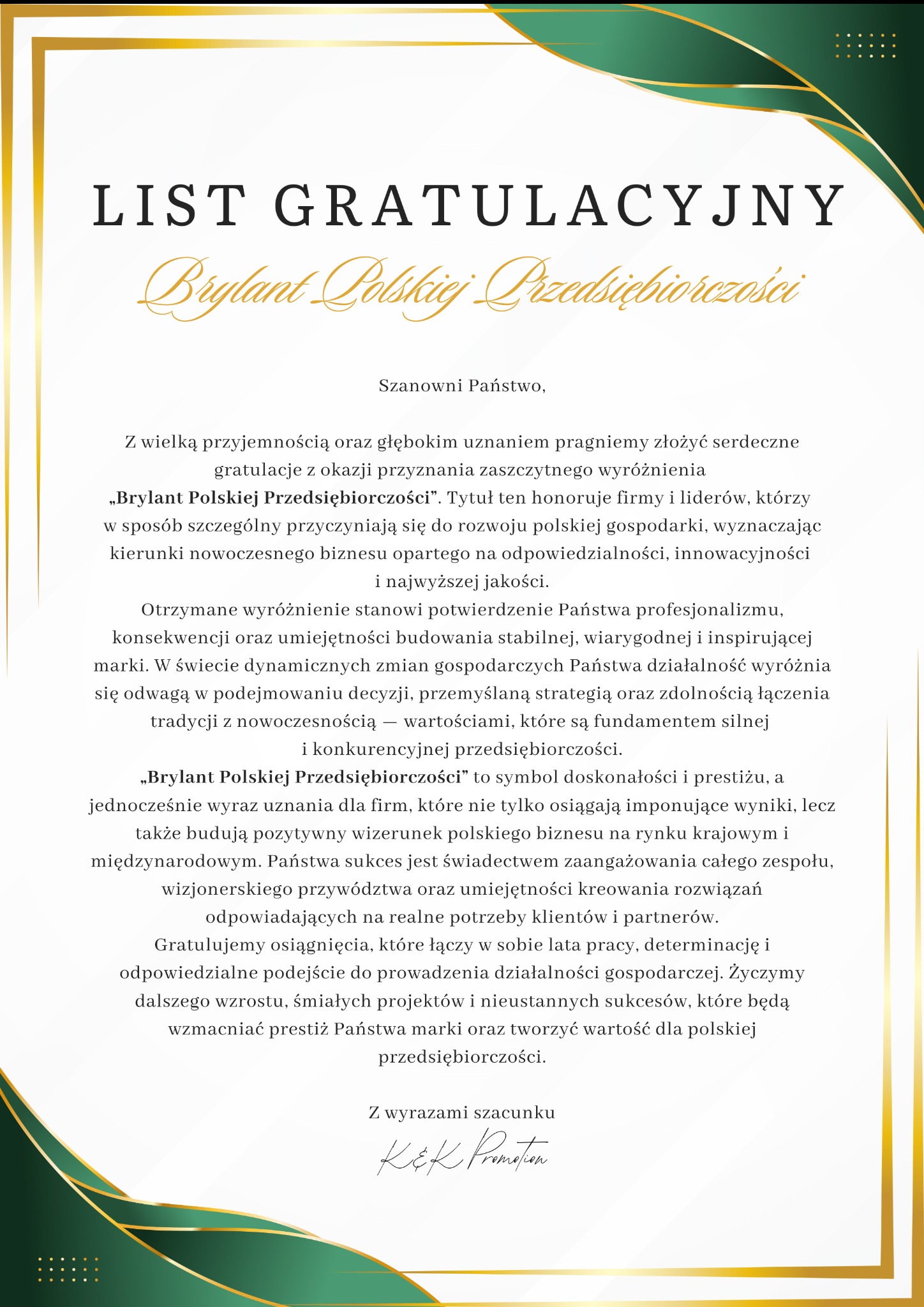 Elegancki list gratulacyjny 'Brylant Polskiej Przedsiębiorczości' z tekstem uznania dla firmy, podkreślający jej wkład w rozwój gospodarki i innowacyjność.